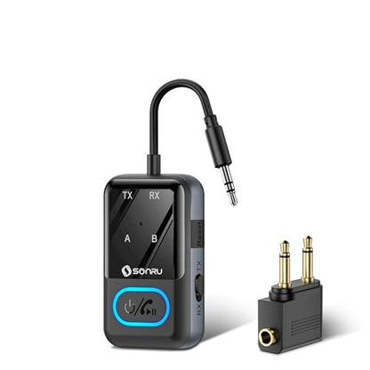 Bluetooth 5.3 Transmitter Adapter for Airplane 2-in-1 Wireless Bluetooth Audio Transmitter Receiver for 3.5mm Aux Jacks on Flight/TV/Gym Equipment, for up to 2 Wireless Headphones, Cell Phones (black)