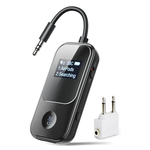 Nulaxy 2-in-1 Airplane Bluetooth Transmitter Receiver Adapter with Screen, 3.5mm AUX Supports 2 Headphones/AirPods, Qualcomm Chip Low Latency, 20H Playtime for TV Car Treadmill Home Stereo, Black - color: Black