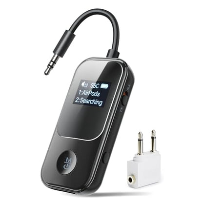 Nulaxy 2-in-1 Airplane Bluetooth Transmitter Receiver Adapter with Screen, 3.5mm AUX Supports 2 Headphones/AirPods, Qualcomm Chip Low Latency, 20H Playtime for TV Car Treadmill Home Stereo, Black - color: Black