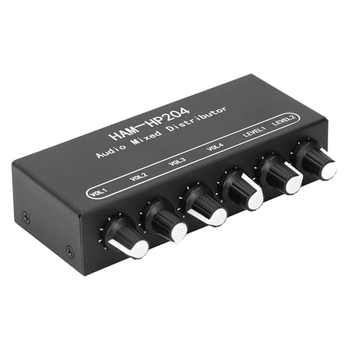 2 in 4 Out Stereo Mixer Distributor, 18 in Stereo Audio HiFi Audio Mixer, Independent Control, for PC Microphone Guitar Electronic Keyboard Speaker DC 5V to 19V.