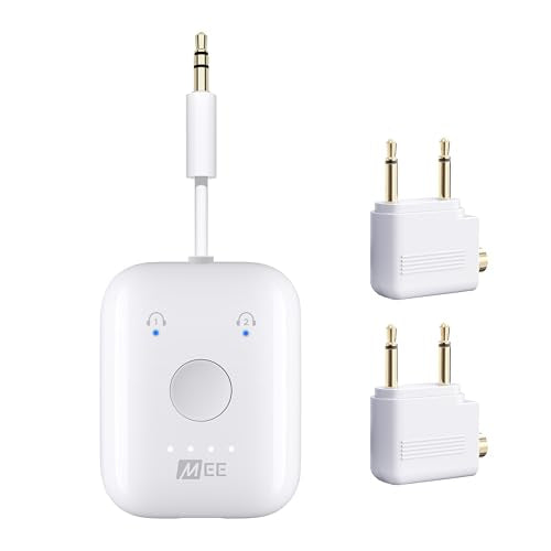 MEE audio Connect Air in-Flight Bluetooth Wireless Audio Transmitter with 2-Pack Airplane Adapter, for up to 2 AirPods/Other Headphones; Works with All 3.5mm AUX Jacks, White - color: White