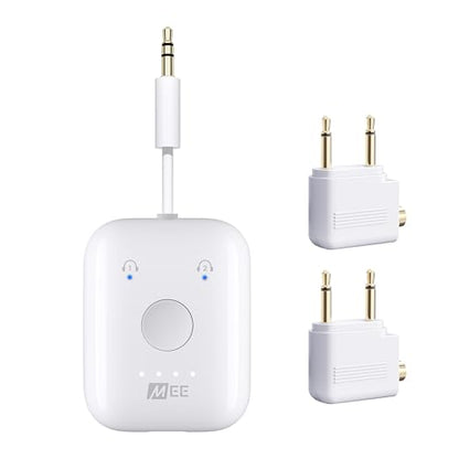 MEE audio Connect Air in-Flight Bluetooth Wireless Audio Transmitter with 2-Pack Airplane Adapter, for up to 2 AirPods/Other Headphones; Works with All 3.5mm AUX Jacks, White - color: White