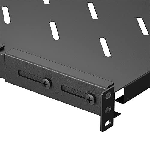 Vented 4-Post Shelf, Adjustable, Black, 300 mm Depth, 1U, 242 lbs, Cold Rolled Steel - size: 12" Deep