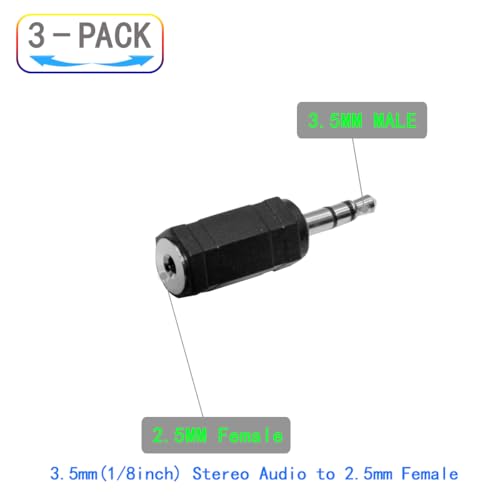 3.5mm to 2.5mm Audio Adapter, Stereo Male to Female Converter, 3-Pack, Black