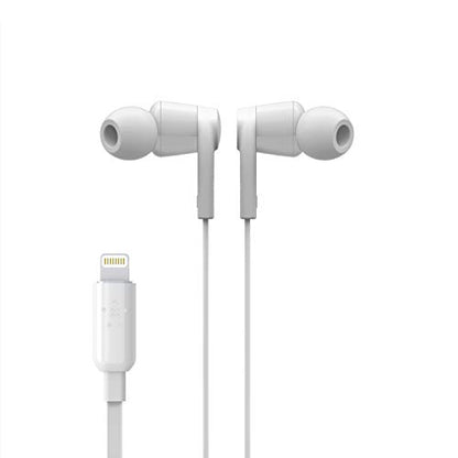 Belkin Wired Earbuds with Lightning Connector, Built-in Mic | In-ear headphones, tangle-free cable, inline remote, volume and track controls, water resistant, iPhone, iPad - color: White, size: One Size, style: LTG