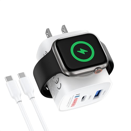 Haribo Charger Block for Apple Watch, 3-in-1 PD 20W USB C Charging Station with Built-in Wireless Smart Watch Charging, Dual Ports Wall Charger Compatible with iPhone,AirPods,iWatch - color: Blue