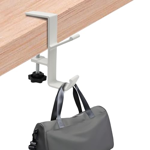 Adjustable Metal Desk Bag Hook & Headphone Hook - Dual Clip Organizer for Backpack, Headset, Keys - Space Saving Under Desk Storage(White) - color: White