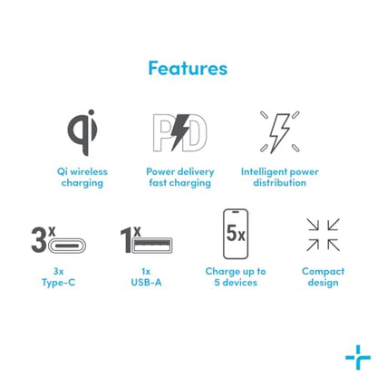 TYLT Hub 100W Multi-Port Power Charging Station, Compact Wireless Fast Charger with 3 USB-C Ports and 1 USB-A Port for MacBook, iPhone, iPad, and Qi Compatible Devices, White