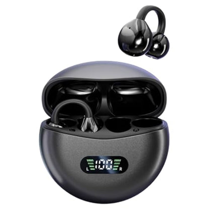 Open Ear Clip Headphones Wireless Earbuds Bluetooth 5.4 Sports Earphones Wireless Charging Case & LED Power Display Waterproof Fitness Headphones for Running (Black) - color: Black