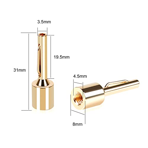 SKW Convertible Connector Gold Plated Speaker Long Pin-Banana Plugs 2 Pair (4 pcs) | 24K gold-plated plugs, convertible for binding posts and spring clips, no soldering required, for amplifier home theater - size: Long Pin-Banana