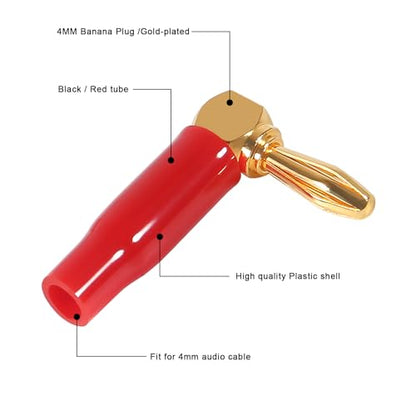 6 Pairs 4mm Speaker Banana Plugs Right Angle 24k Gold Plated 90 Degree Speaker Banana Connector(6 Pairs/12 Pcs)