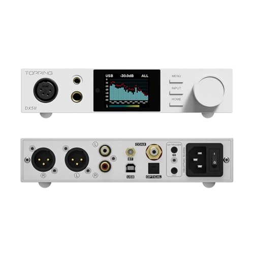 Topping DX5 II Fully Balanced DAC Headphone Amplifier 7600mW, ES9039Q2M x 2 Chip DSD512 768kHz DAC Amp Combo, USB/Optical/Coaxial to RCA/XLR Line/6.35mm/4.4mm/4-pin XLR Earphone Amps (Silver) - color: Silver