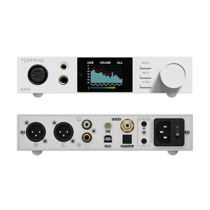 Topping DX5 II Fully Balanced DAC Headphone Amplifier 7600mW, ES9039Q2M x 2 Chip DSD512 768kHz DAC Amp Combo, USB/Optical/Coaxial to RCA/XLR Line/6.35mm/4.4mm/4-pin XLR Earphone Amps (Silver) - color: Silver