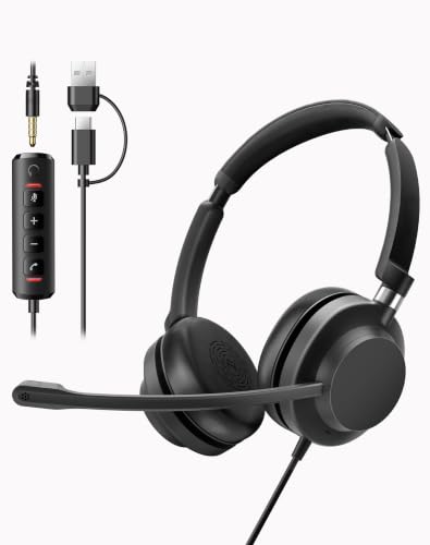USB Headset with Microphone for PC/Office/Call Centers/Home | Computer Headset with Volume Control & Mic Mute,Compatible with Teams/Zoom/Skype - color: Black