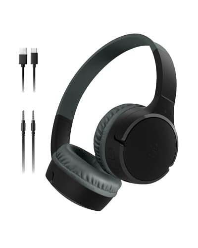 Belkin SoundForm Mini Bluetooth Kids Headphones, On Ear, 30H Battery Life | Toddler headphones, 85dB Volume Limit, Built-in Mic, Wired Connection Option, iPad, Android Tablet, School, Travel - color: Black, style: Wireless (USB-C)