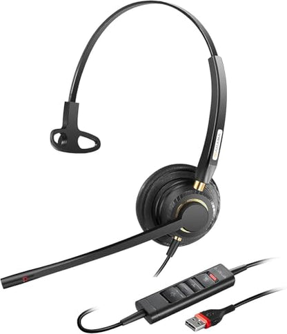Arama USB Headset with Microphone for PC, Noise Cancelling & Audio Controls Ultra Comfort USB Headphone for Computer Laptop Pc Business Skype UC Webinar Call Center Office - color: Monaural-USB A