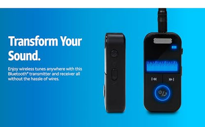 AT&T Essentials Bluetooth Transmitter Receiver LED Audio Adapter Black | Low latency sound, USB Type A connection, LED display, transmitter and receiver modes, lightweight design, portable audio use