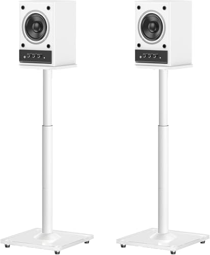 Speaker Stands Pair, 28"-37.4" Height Adjustable, Max 22 lbs, Glass Base | Surround Sound Speaker Stand with Cable Management, Universal Floor Stand for Bookshelf Satellite Studio Large Speaker, White - size: Universal White