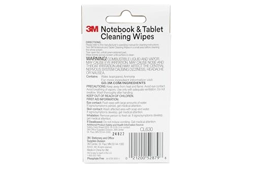 3M Notebook Screen Cleaning Wipes, 3.9 x 6.9 Inches (CL630), White, 24 individual wet wipes (Packaging may vary)
