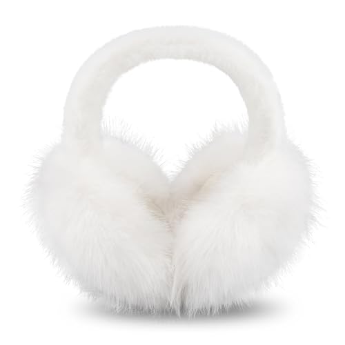 Earmuffs for Women Girls Faux Fur Fuzzy Headband Foldable Ear Covers Cold Weather Accessory - color: White