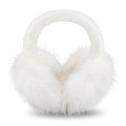 Earmuffs for Women Girls Faux Fur Fuzzy Headband Foldable Ear Covers Cold Weather Accessory - color: White