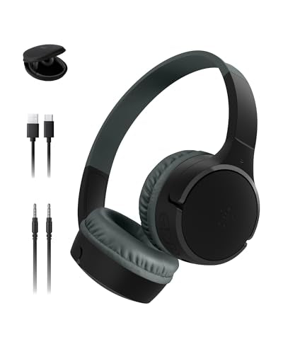 Belkin SoundForm Mini Bluetooth Kids Headphones with Case, 30H Battery Life | Toddler headphones with Case, 85dB Volume Limit, Built-in Mic, Wired Connection Option, iPad, Android Tablet, School, Travel - color: Black, style: Wireless (USB-C) + Case