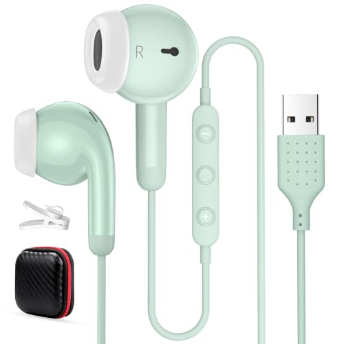USB Earbuds for PC,Headphones with Microphone for Computer,Green - color: Green