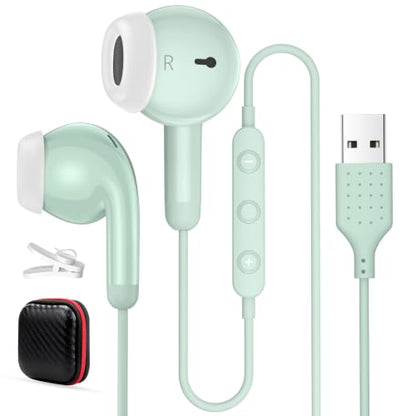USB Earbuds for PC,Headphones with Microphone for Computer,Green - color: Green
