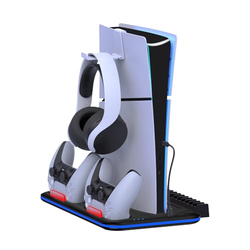 LIFUFUTEE PS5 Stand Cooling Station for PS 5 Disc & Digital Console, Controller Charging Station for PlayStation 5 Slim, PS5 Accessories with Cooler Fan for PS3 Skins with 15 Game Slot - color: Glossy Black
