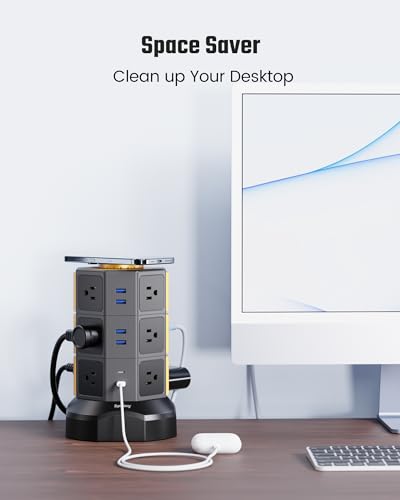 Power Strip Tower, SUPERDANNY Surge Protector Tower with 15W Wireless Charger, 1050J, 13A Charging Station with 12 AC Outlets & 6 USB Ports (2 USB C), 6.5ft Extension Cord for Home Office Dorm, Gold | Surge Protector Tower, Charging Station with 12 AC Out