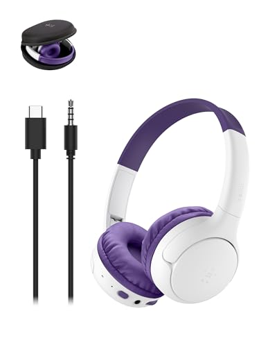 Belkin SoundForm Mini 2 Bluetooth Kids Headphones, On Ear, 55H Battery Life | Toddler headphones, 85dB Volume Limit, Built-in Mic, Wired Connection Option, iPad, Android Tablet, School, Travel - color: Purple