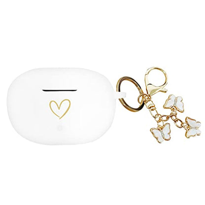 Compatible with Beats Studio Buds 2021, Soft Silicone Case with Gold Heart Pattern for Beats Studio Buds Case with Cute Butterfly Keychain for Girls Women (White) - color: White