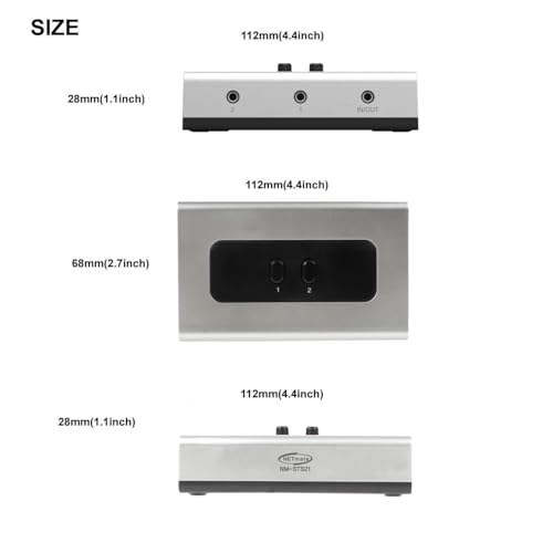 NETMATE 3-Port 3.5mm Stereo Audio Switch, 3.5mm+RCA Audio Switcher 2 Input 1 Output/Audio Splitter Bidirectional Audio Switch with Volume Control Switch Knob for Speaker Headphone