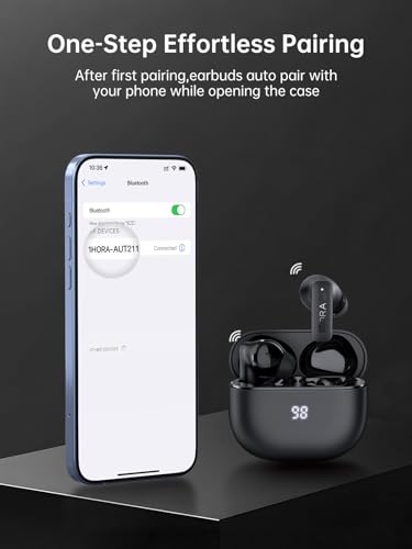 1 Hora Active Noise Cancelling Wireless Earbuds, Built-in 4 Mics, Bluetooth 5.4 in Ear Headphones, LED Display Stereo Bass Earphones with Charging case, for iPhone, Android Smartphone, Tablet, Laptop | Bluetooth 5.4, ANC noise reduction, 4-mic clear calls