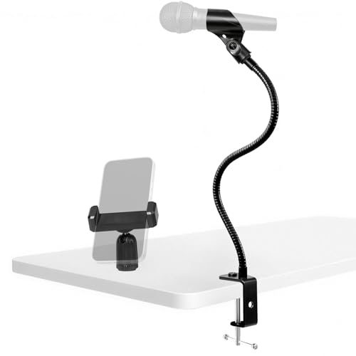 2 In 1 Gooseneck Mic Stand with Phone Clip, 13 Inch Flexible Mic Arm Desk Mount for Podium, Lecture, Podcast, Studio, Microphone Holder Compatible with Shure SM58, Beta 58A, Samson Q2U
