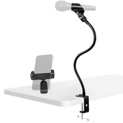 2 In 1 Gooseneck Mic Stand with Phone Clip, 13 Inch Flexible Mic Arm Desk Mount for Podium, Lecture, Podcast, Studio, Microphone Holder Compatible with Shure SM58, Beta 58A, Samson Q2U