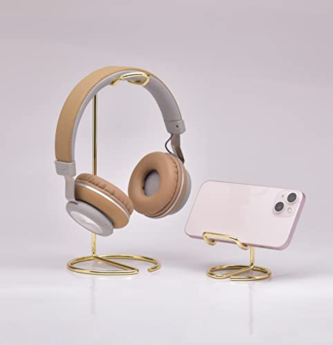 JIARI Headphones Stand and Cell Phone Stand Desktop Metal Holder Accessories 2pcs Set (Gold) - color: Gold