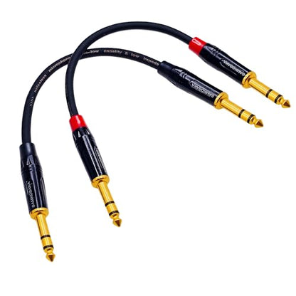 TRS Cable 1/4 Inch 6 Inch 2-Pack Gold-Plated Balanced for Guitar Keyboard | 2x 6in Balanced TRS Patch Cable 20AWG OFC Shielded for Mixer Amplifier Studio Monitor Pedalboard