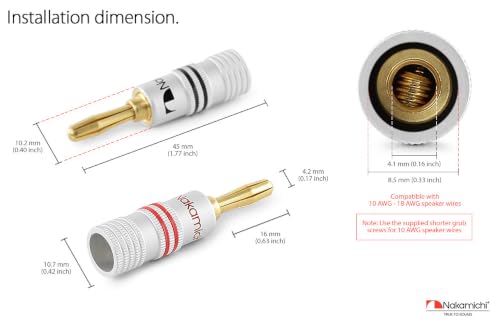 Nakamichi GrubLock Excel Series 24k Gold Plated Banana Plugs, 10-18 AWG | Gauge Size 4mm for Speakers Amplifier Hi-Fi AV Receiver Stereo Audio Wire Cable Screw Connector, 4 Pcs (2-Pairs) - size: 4 Pcs (2-Pairs)
