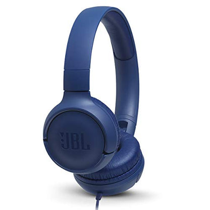 JBL Tune 500 - Wired On-Ear Headphones - Blue | JBL Pure Bass Sound, 1-button remotemic, Lightweight and foldable design, Tangle-free flat cable, Ask Siri or Google Now