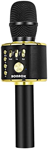 BONAOK Wireless Bluetooth Karaoke Microphone, 3-in-1 Portable Handheld Mic Speaker Machine for All Smartphones, Gifts to Girls Boys Kids Adults All Age Q37(Black Gold) - color: Black Gold