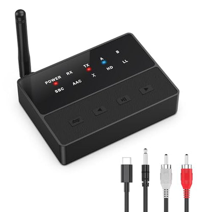 LOFICOPER Bluetooth 5.3 Transmitter Receiver, aptX Low Latency, Dual Pairs | 30m/98ft Range, 3.5mm AUX/RCA Cable, Easy to Operate, Clear Indicator Lights, Suitable for Speakers, Headphones, TVs