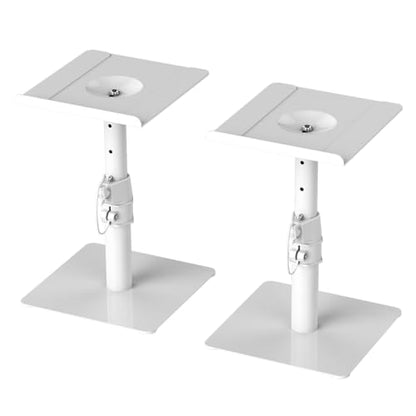 Suptek Free-Standing Speaker Stand Desktop Set, 9.6 x 8.8 inch Trays, Height Adjustment and Tilt, Universal Audio Holders for Computer and Bookshelf Speakers, Elevated Sound, 2 Pack, White, SDM001TW - color: White, size: 9.6" x 8.8" x 14.2"