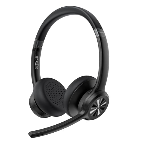 TECKNET Wireless Headset, Bluetooth Headset with Noise Cancelling Microphone - Rechargeable Bluetooth V5.2 Headphones, 50H Playtime & Mic Mute, On Ear Headphones for Trucker/Remote Work/Call Center - color: Deep Black