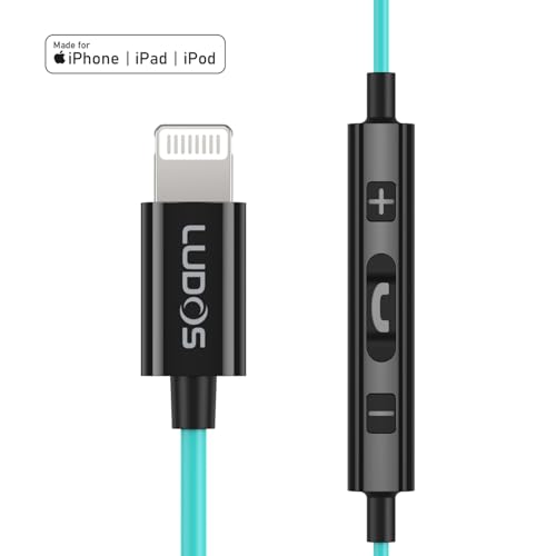 LUDOS Ultra iPhone Wired Headphones Earbuds Earphones with Lightning Connector Apple MFi Certified, 5 Years Warranty, for iPhone 14 13 12 11 Pro Max X XS XR 8 7 Plus with Microphone - Turquoise - color: Turquoise, style: Lightning