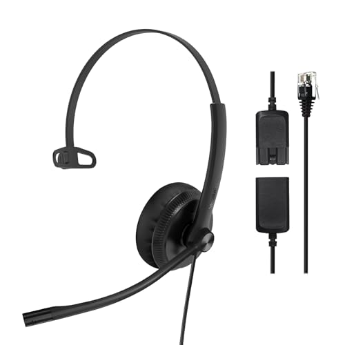 Yealink Phone Headsets for Office Phones YHS34 QD to RJ9 Wired Headset | Leather ear pads,Compatible with Poly Snom Grandstream Phones Desk Landline Headset with Microphone -Mono/72g/2.1m Cable - color: leather Ear Cushions, size: Mono
