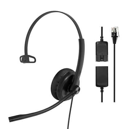 Yealink Phone Headsets for Office Phones YHS34 QD to RJ9 Wired Headset | Leather ear pads,Compatible with Poly Snom Grandstream Phones Desk Landline Headset with Microphone -Mono/72g/2.1m Cable - color: leather Ear Cushions, size: Mono