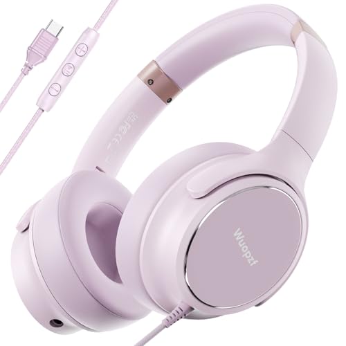 USB C Wired Over-Ear Headphones with Microphone | Volume Control, Share Port, Adjustable Headband Foldable Stereo Headset for Adult/Teens for iPhone 16, Laptop, Gaming, Travel - color: New Icy Pink