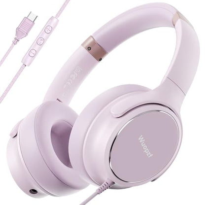 USB C Wired Over-Ear Headphones with Microphone | Volume Control, Share Port, Adjustable Headband Foldable Stereo Headset for Adult/Teens for iPhone 16, Laptop, Gaming, Travel - color: New Icy Pink