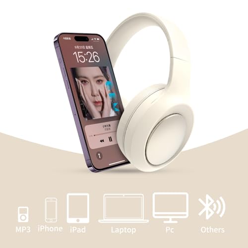 Bingozones Beige Noise Cancelling Headphones Wireless,Bluetooth Headphones Over Ear, Wireless Headsets with Mic,60H Playtime,Deep Bass Memory Foam Ear Cups,Lightweight for Travel,Home,Gym